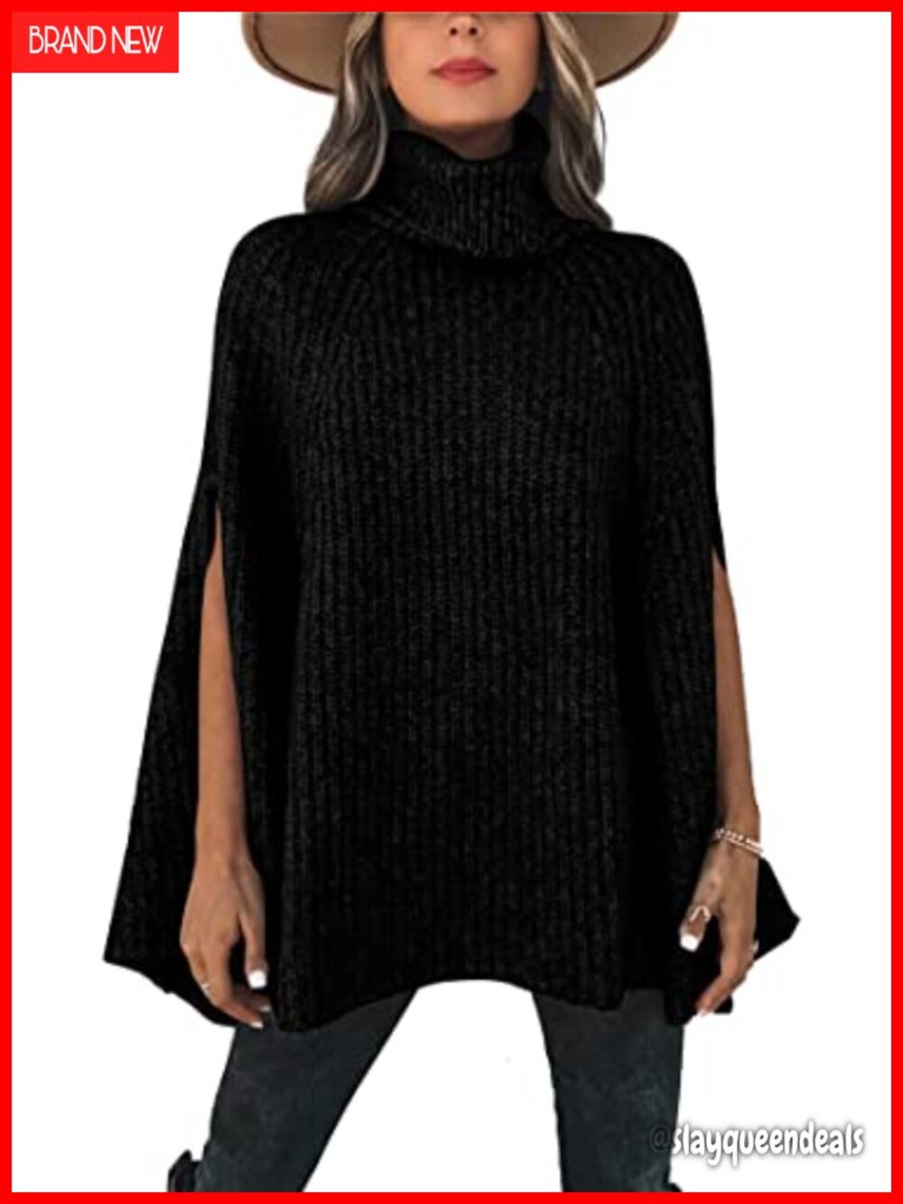 Turtleneck Chunky Knit Poncho Sweater Loose Wrap Cape Pullover